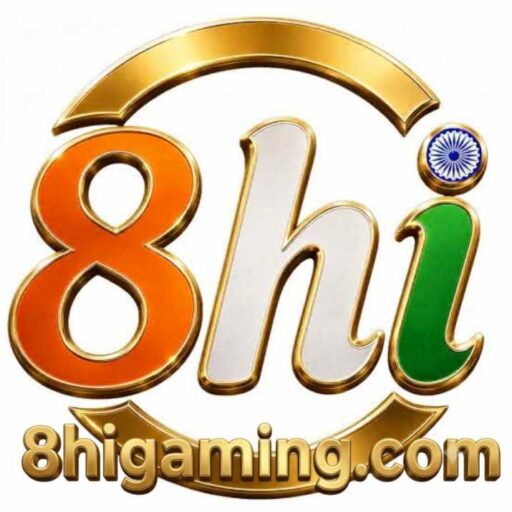 Metallic gold, orange, white, and green 8hi logo with Ashoka Chakra emblem for 8higaming.com